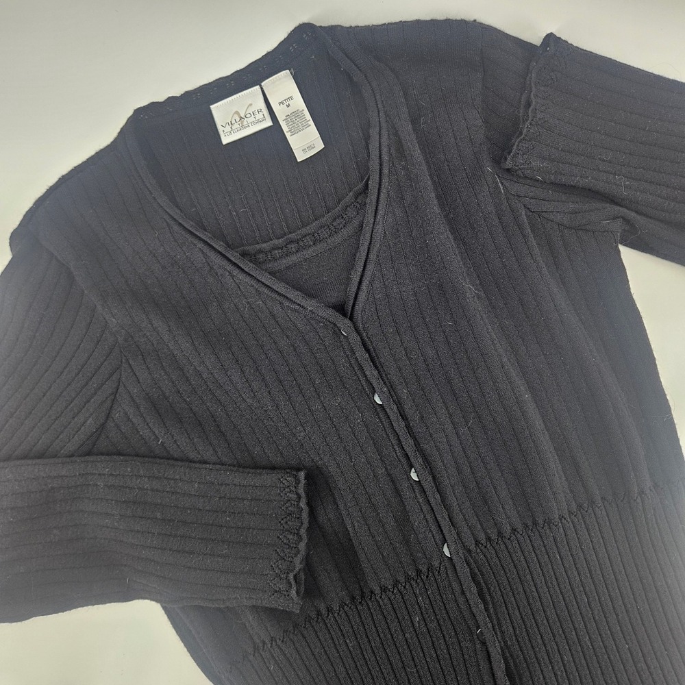 Villager Women Petite Medium Cardigan Ribbed Knit Pointelle Classic Y2K